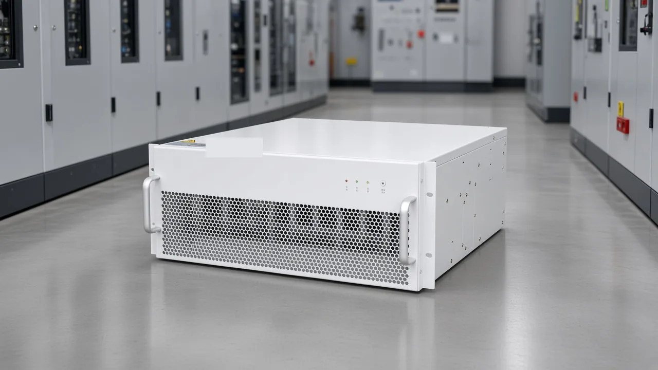 White rack cabinet in an industrial switchroom aisle