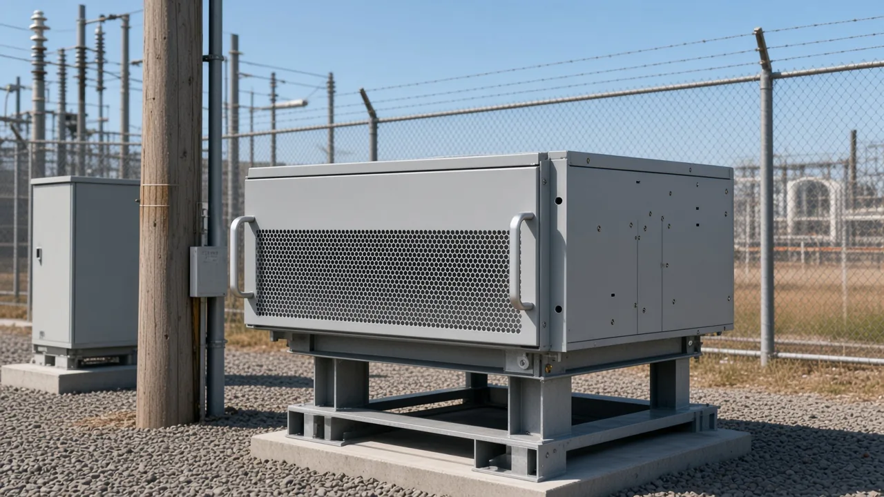 Outdoor enclosure on a gravel pad beside a distribution pole