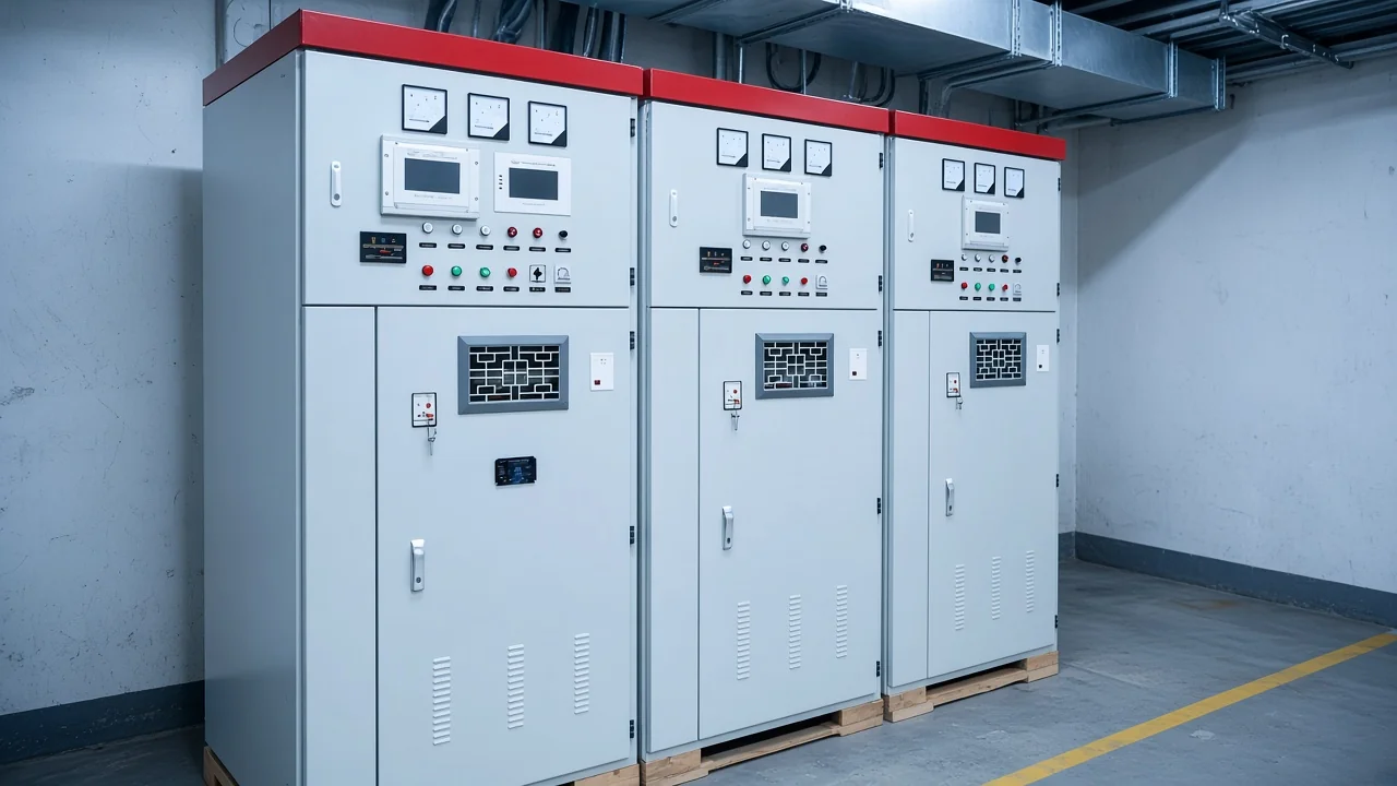 Shunt capacitor cabinet in a plant room for the low-voltage var discussion.