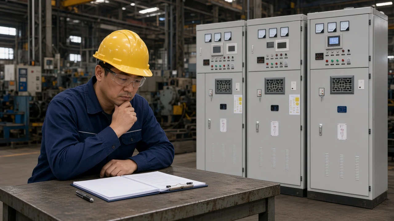 Engineer reviewing capacitor bank test results beside unlabeled MV compensation cabinets