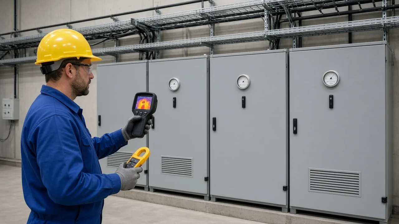 Technician checking stage current and thermal clues on unlabeled compensation cabinets