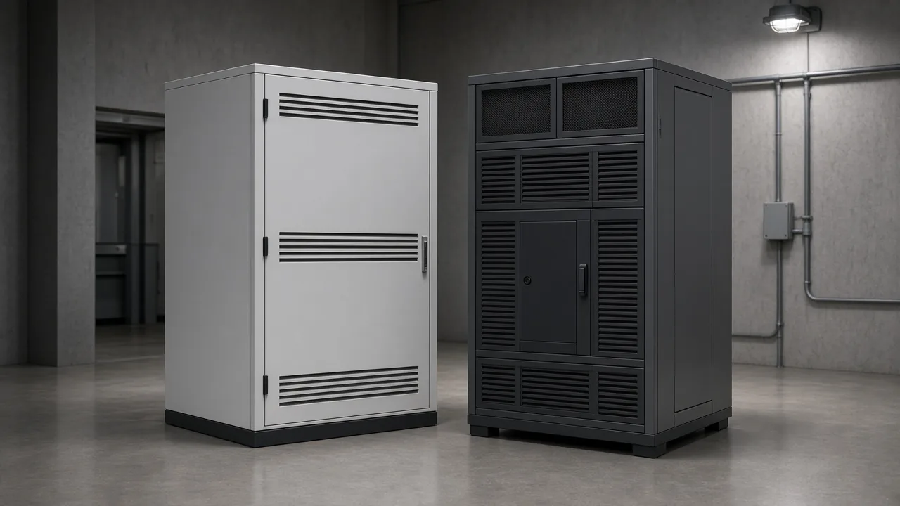 Unlabeled tuned-filter enclosure standing beside an active filter cabinet