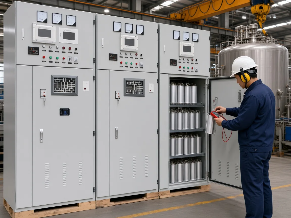 Technician checking a pulled capacitor unit at an open plant cabinet