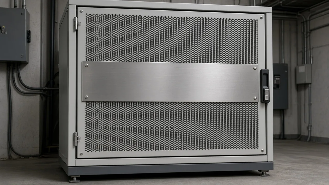 Closer view of an active filter cabinet face with the nameplate covered