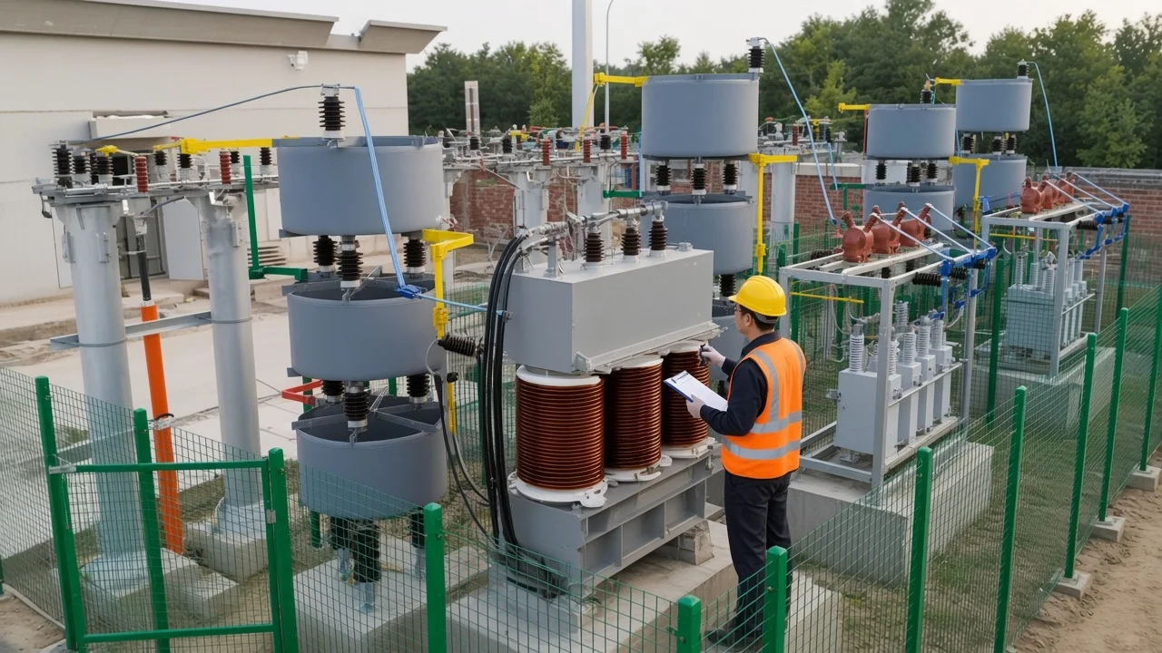 Engineer reviewing reactive power meaning beside an outdoor HV capacitor frame