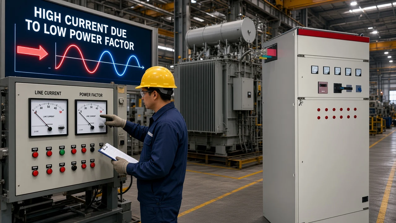 Plant feeder and meter context showing why low power factor raises current for the same real load