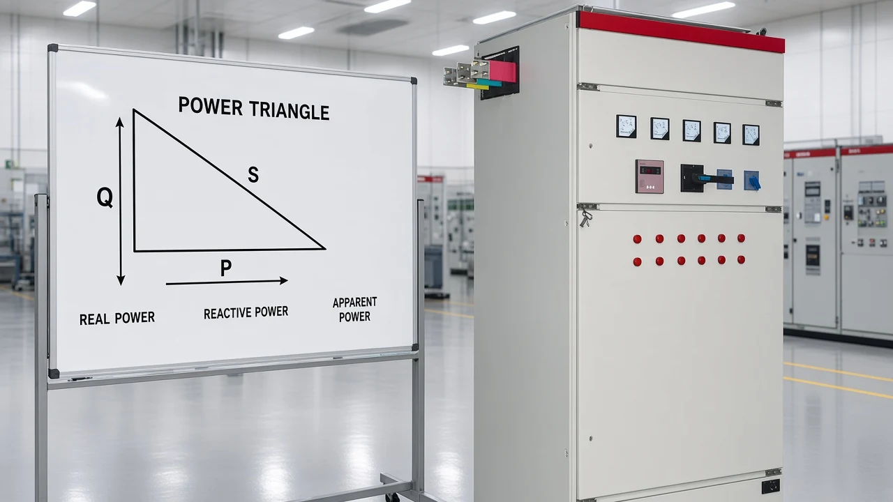 Power triangle and AC circuit context explaining real reactive and apparent power beside LV compensation equipment